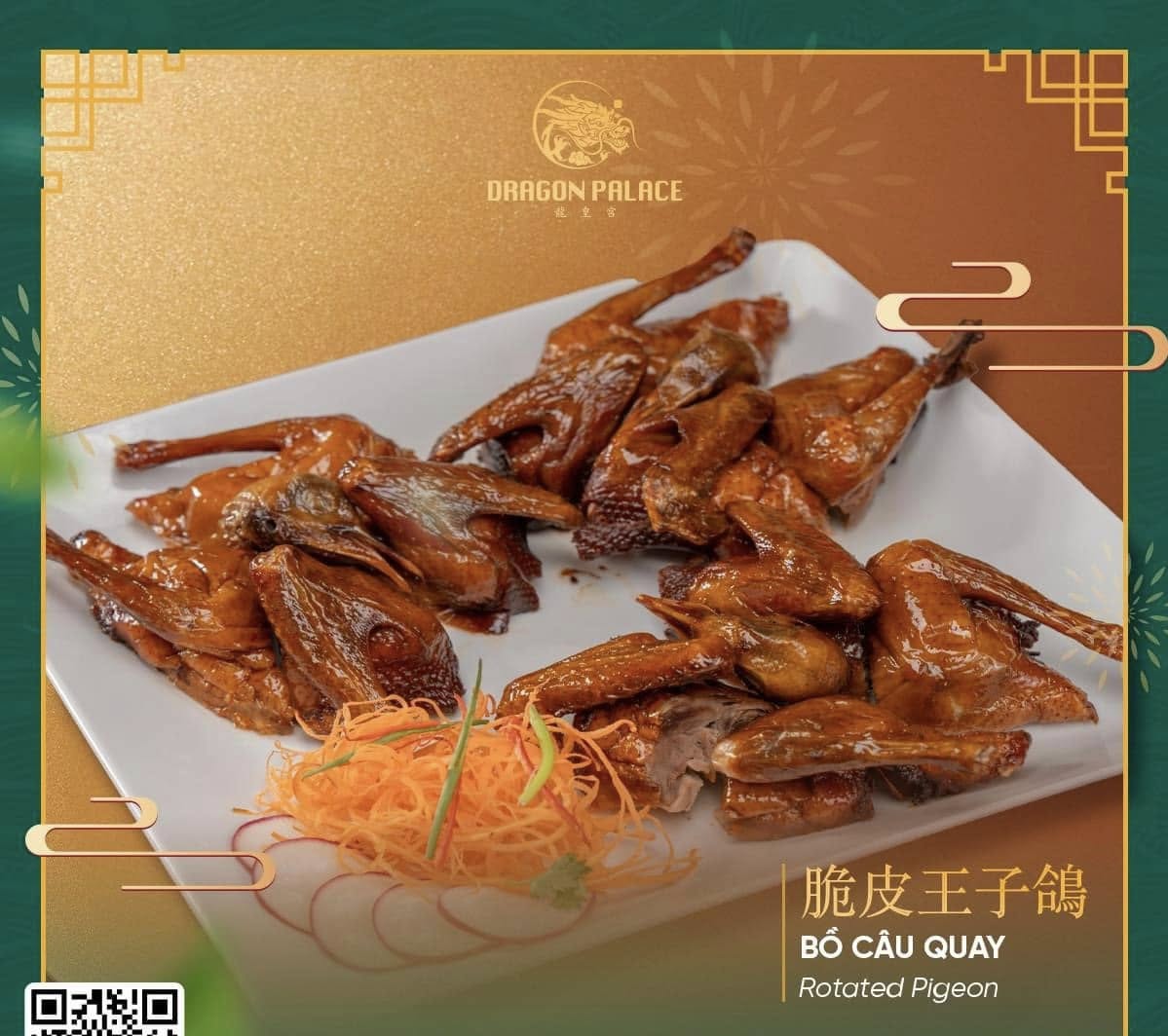 Món ăn đặc sản Trung Quốc – bồ câu quay với lớp da vàng óng, giòn rụm và hương thơm đậm đà đặc trưng.